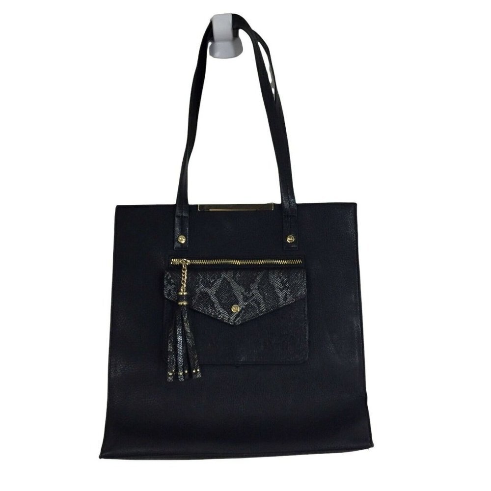 Kate Landry Black Leather Tote Bag Purse Gold Hardware Tassel